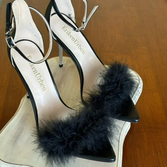 Eriken Urben WOMEN'S STRAPPY BLACK HEELS WITH FEATHERS Size 8 - Picture 4 of 15